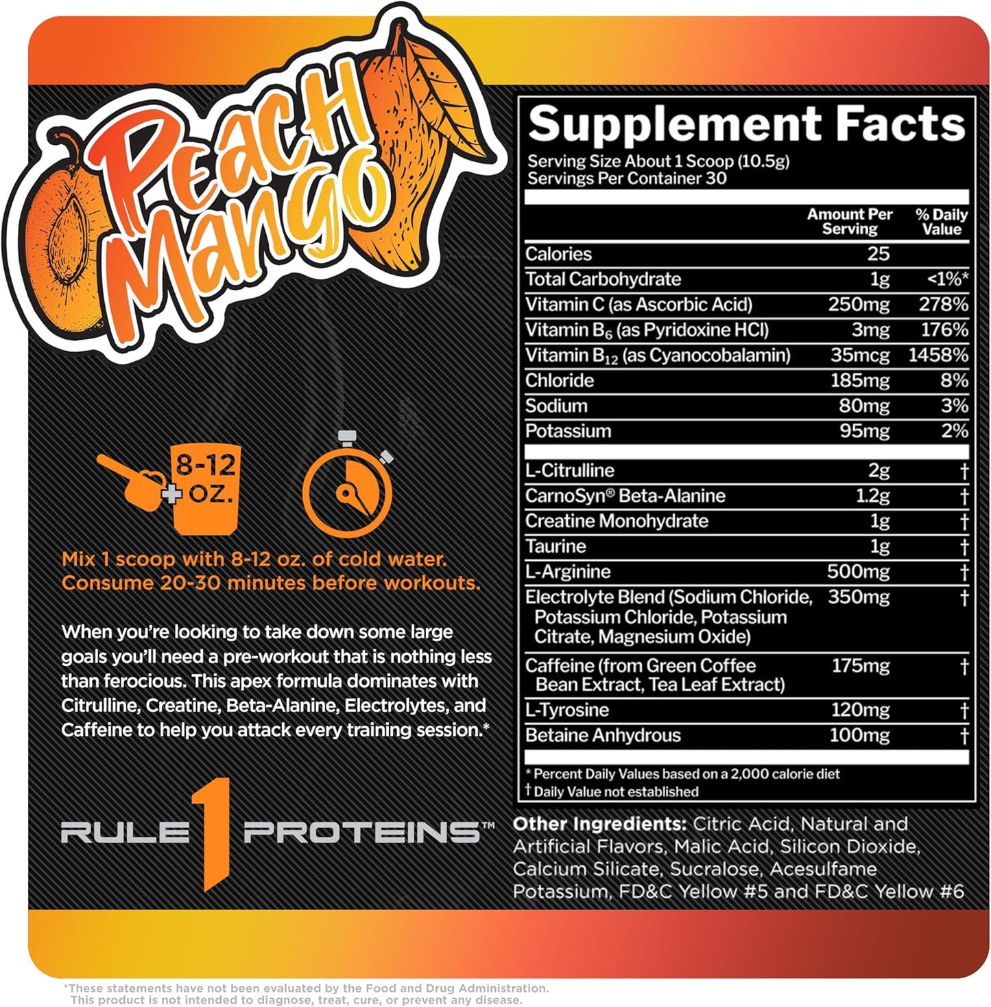 Rule 1 R1 Roar Pre-Workout Powder, Creatine & Caffeine (Peach Mango, 30 Servings)
