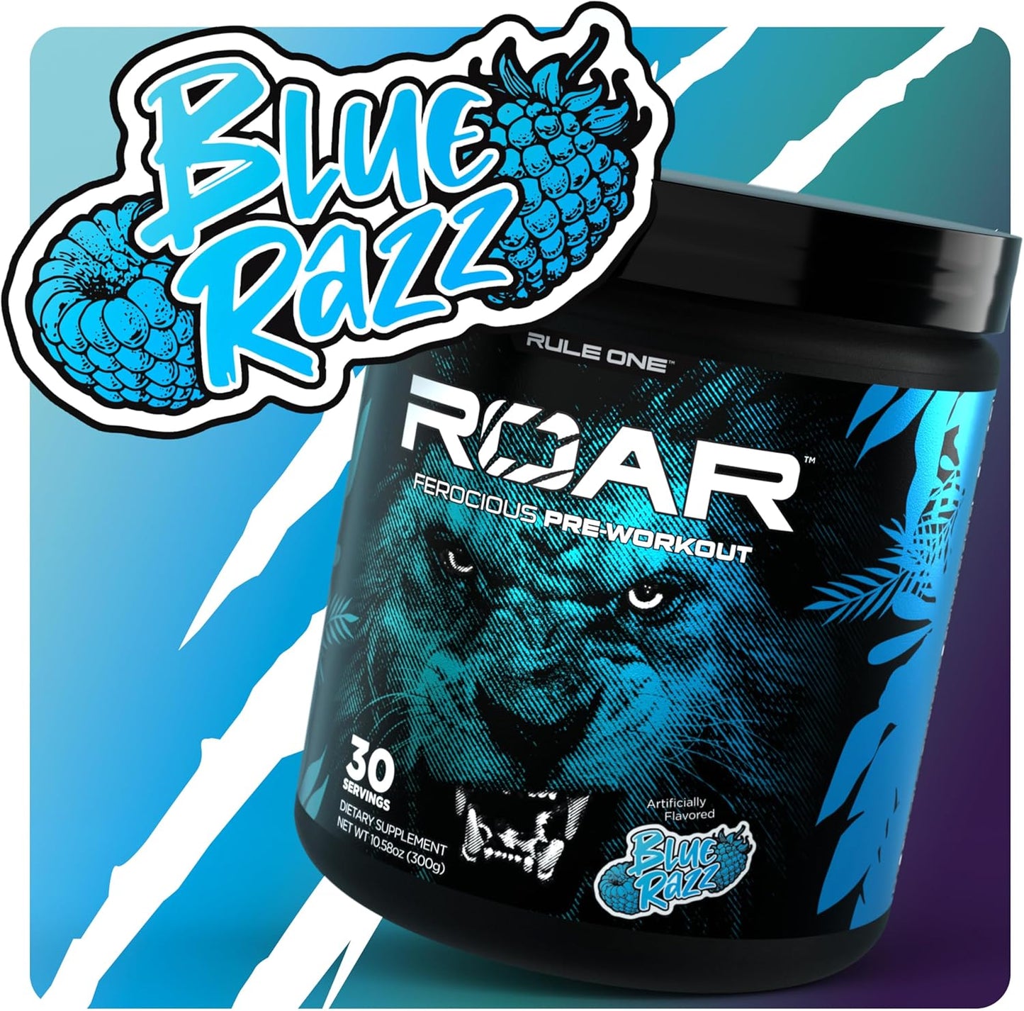 R1 Roar Pre-Workout Powder with Key Ingredients (30 Servings, Blue Razz)