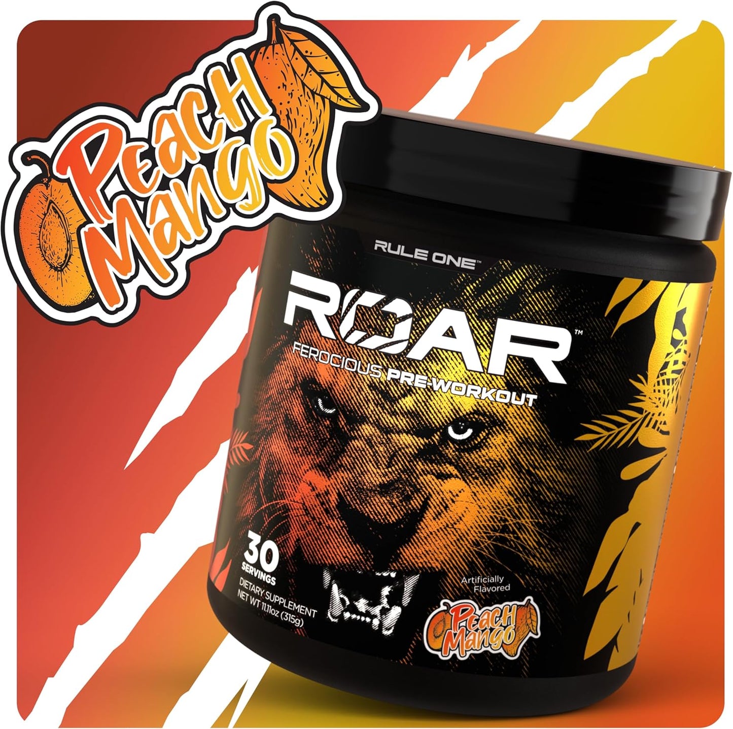 Rule 1 R1 Roar Pre-Workout Powder, Creatine & Caffeine (Peach Mango, 30 Servings)
