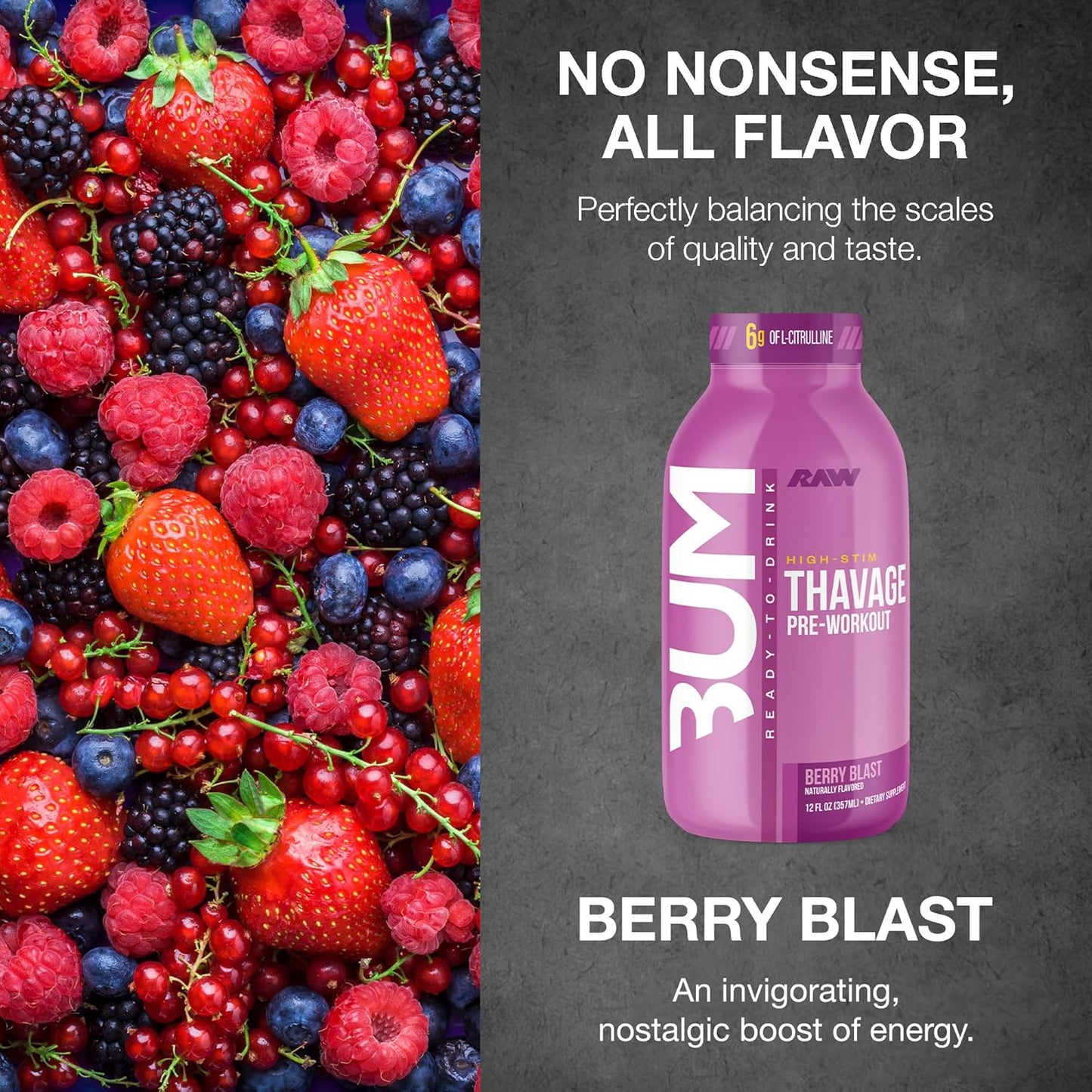 BUM Thavage Pre-Workout RTD - Zero Sugar, Berry Blast (12 Pack)