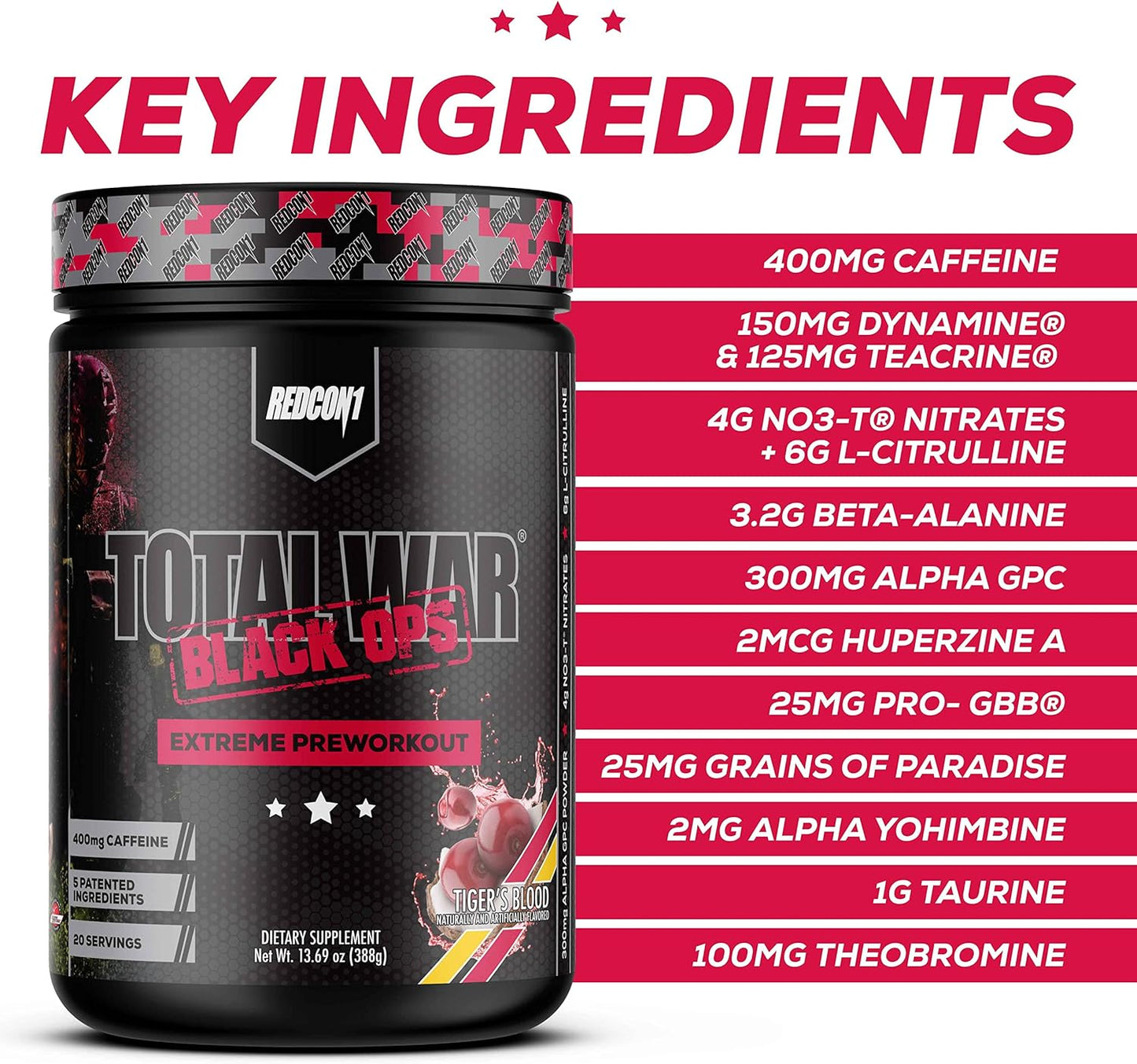 REDCON1 Total War Black Ops Preworkout, Tigers Blood, 400mg Caffeine (20 Servings)