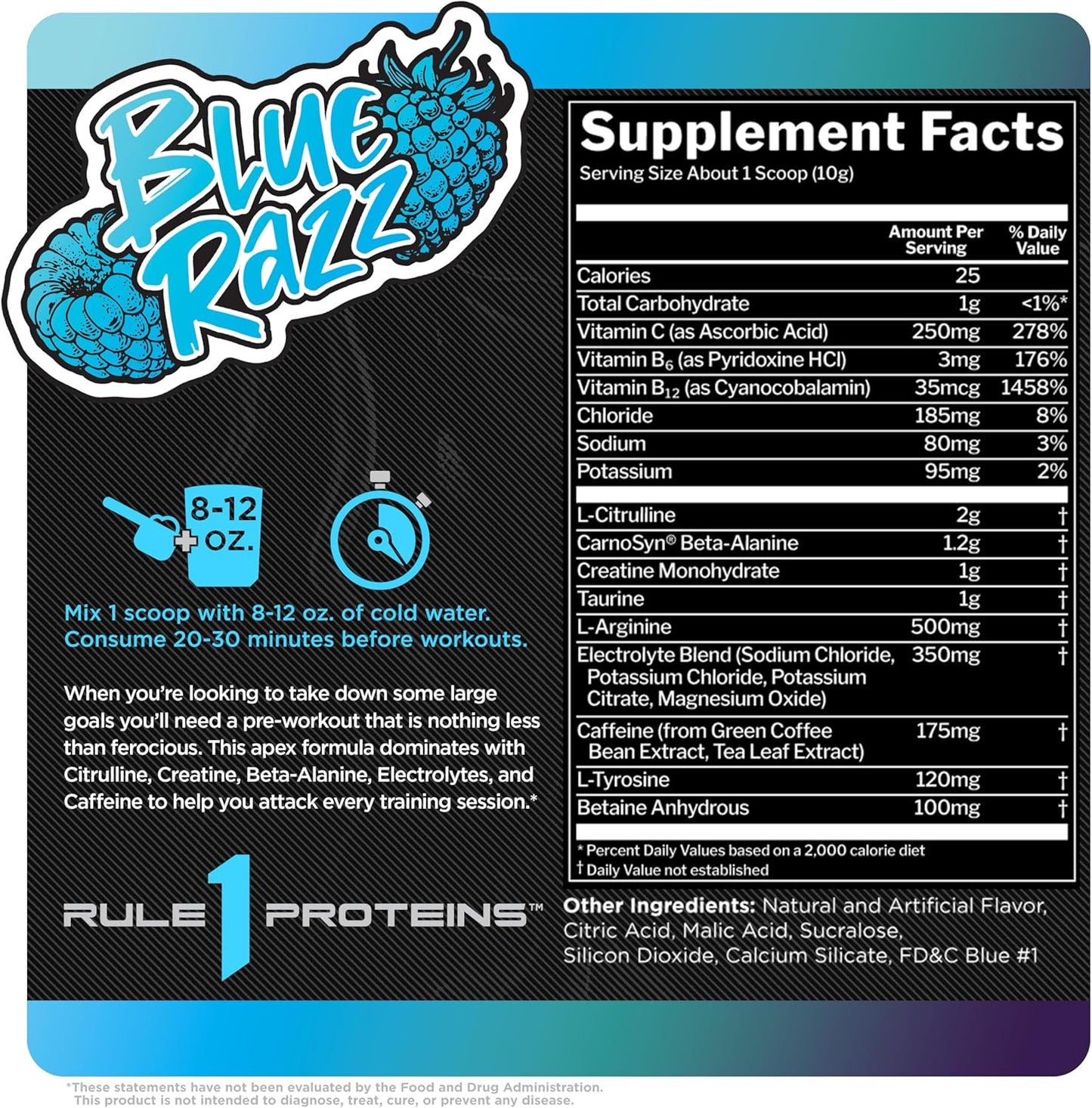 R1 Roar Pre-Workout Powder with Key Ingredients (30 Servings, Blue Razz)