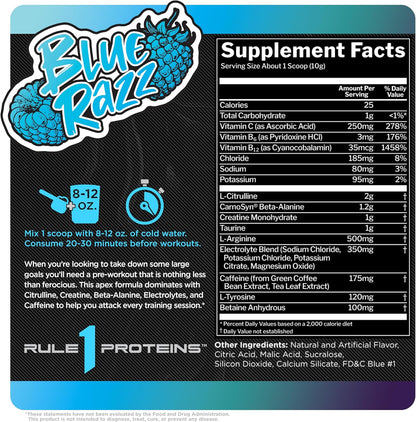 R1 Roar Pre-Workout Powder with Key Ingredients (30 Servings, Blue Razz)