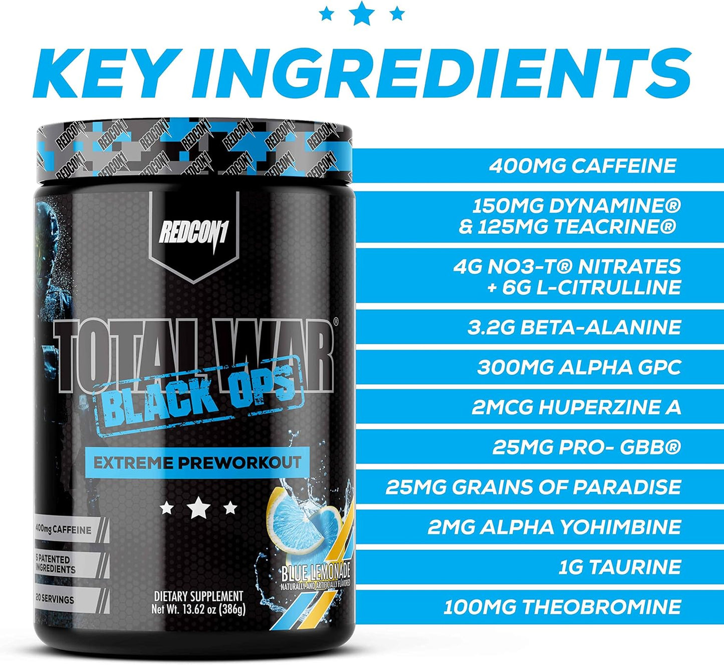 REDCON1 Total War Black Ops Preworkout, Blue Lemonade, 400mg Caffeine (20 Servings)