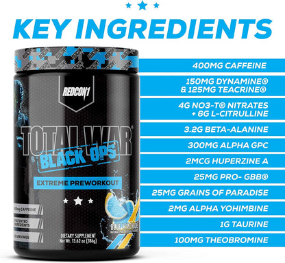 REDCON1 Total War Black Ops Preworkout, Blue Lemonade, 400mg Caffeine (20 Servings)